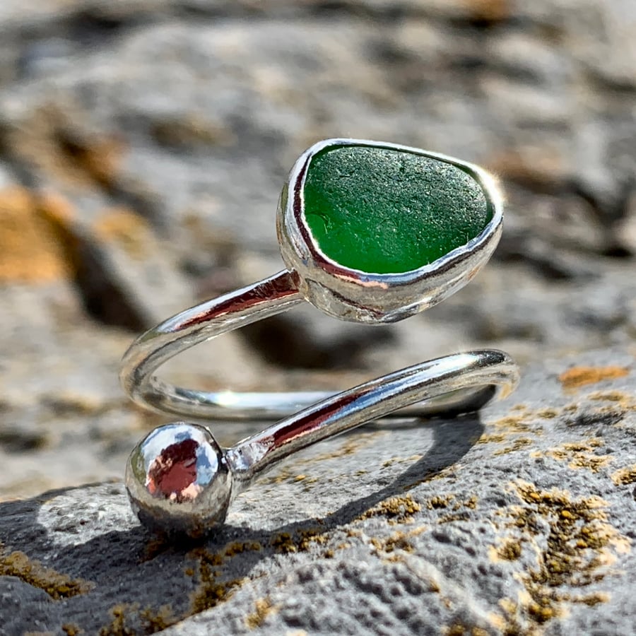 Kelly Green Sea Glass and Sterling Silver Adjustable Ring