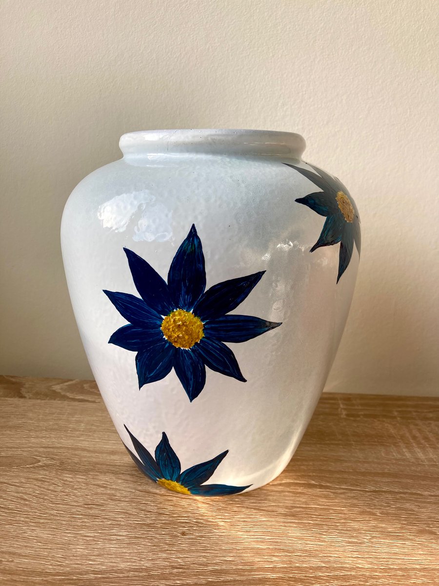 Upcycled Hand-Painted Vase With Teal Flowers