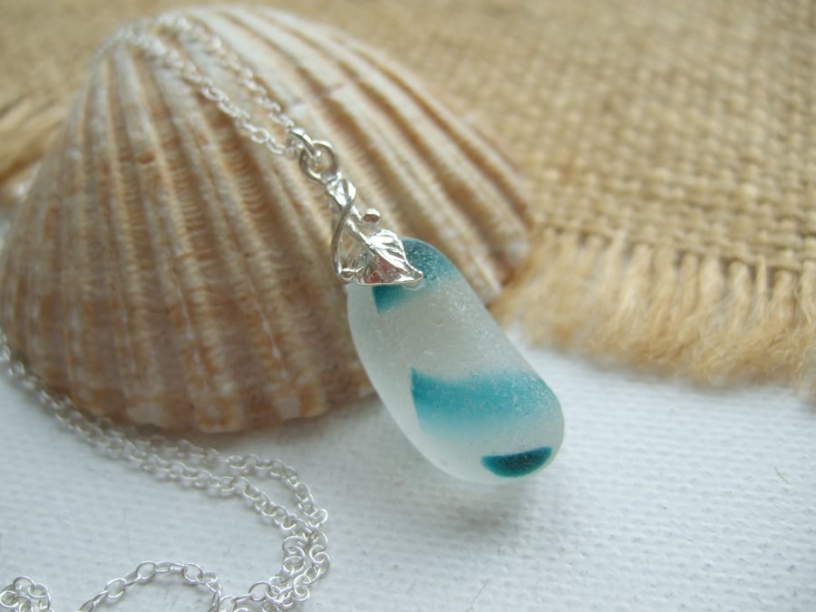 Seaham Sea Glass Pendant, Turquoise Striped Beach Glass Necklace