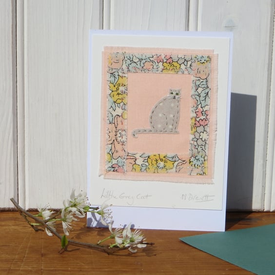 Little Grey Cat hand-stitched miniature on card, Liberty fabric