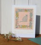 Little Grey Cat hand-stitched miniature on card, Liberty fabric