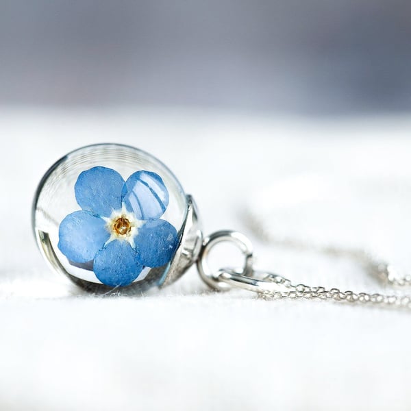 Tiny Forget Me Not Necklace Pressed Flowers Globe Gifts For Her Memorial Necklac