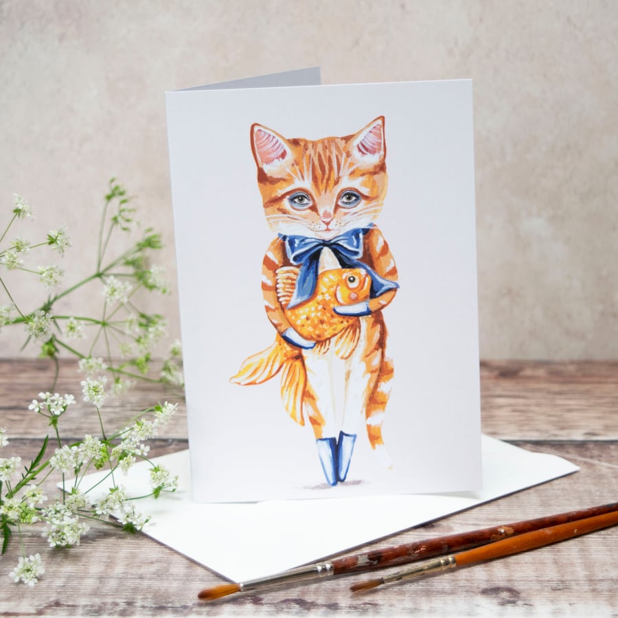 Cat greeting note card, A6. Simon the ginger cat with a goldfish
