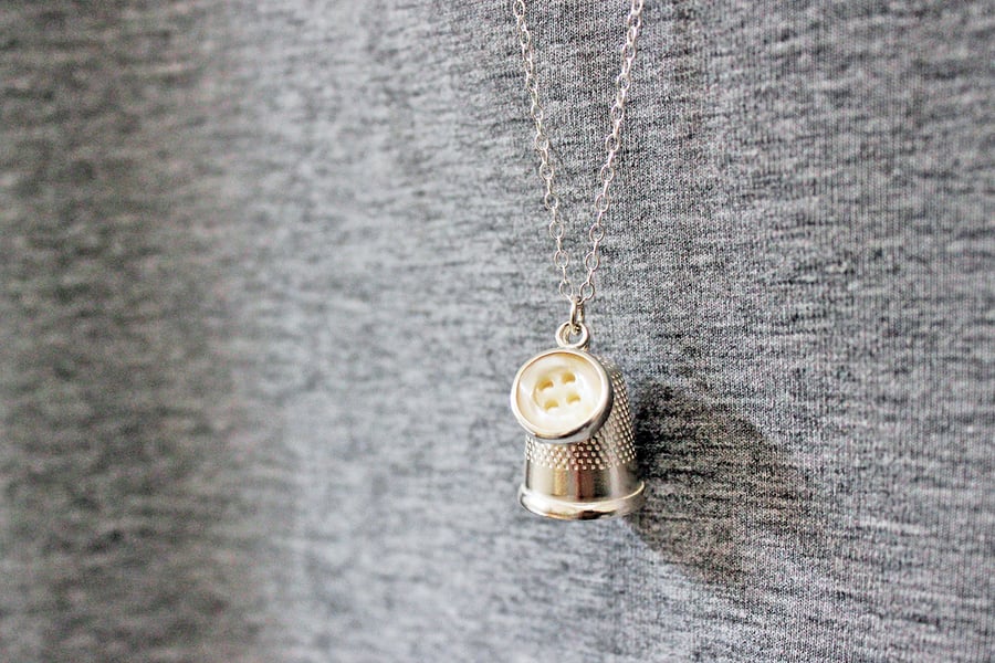 Thimble and button necklace, vintage button, silver thimble necklace