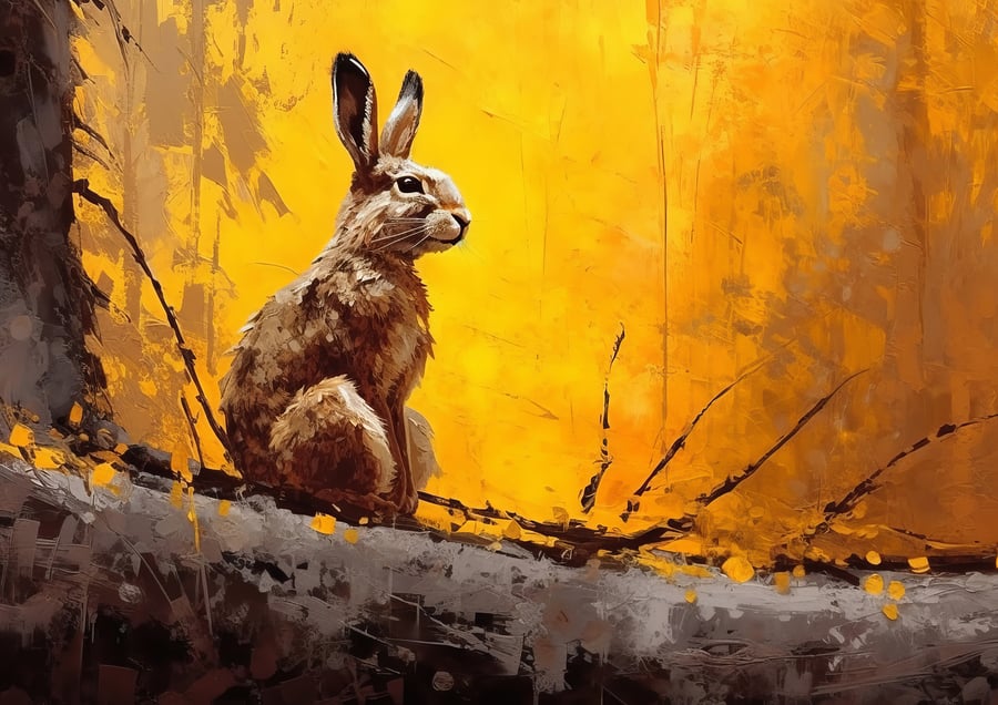 Golden Hare Oil Painting Print - Striking 5x7 Artwork for Nature-Inspired Decor 