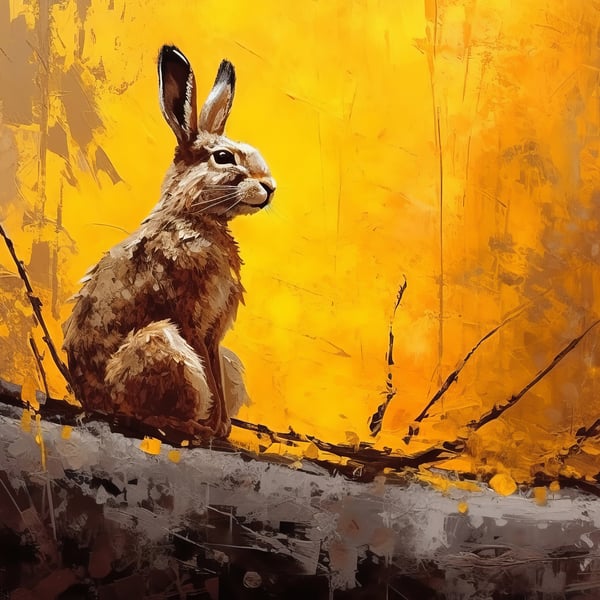 Golden Hare Oil Painting Print - Striking 5x7 Artwork for Nature-Inspired Decor 