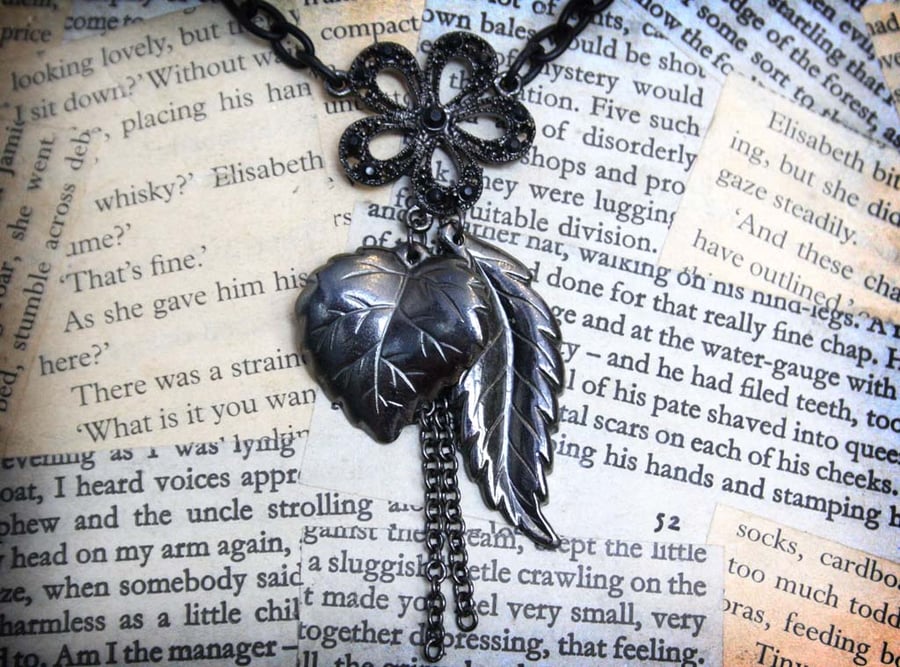 Flower Feather and Leaf Charm Black Gothic Necklace