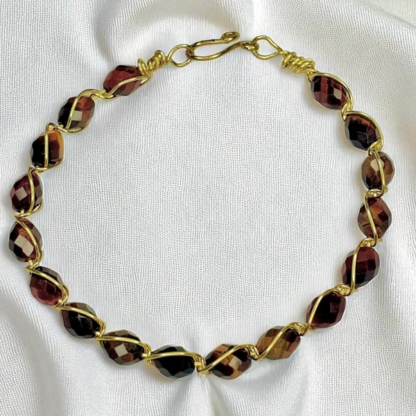  Wire Wrapped Bangle with Faceted Tigers Eye Gemstones