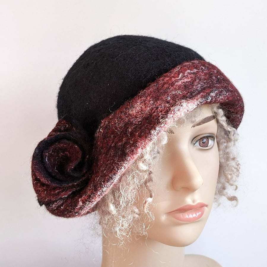 Felted wool cloche hat - black with tweedy red brim 