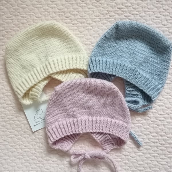 Hand knit baby bonnet, hat, headwear 
