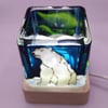Hand painted glass candle holder, polar bear, northern lights 
