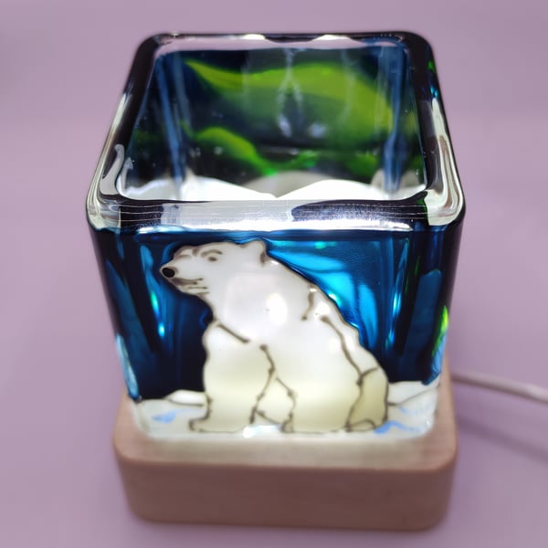 Hand painted glass candle holder, polar bear, northern lights 