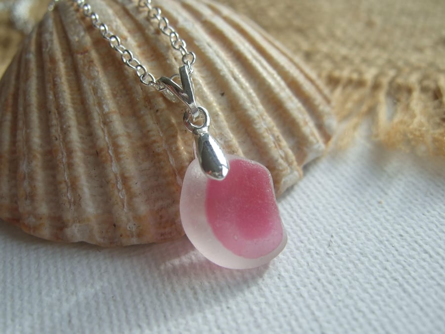 Pink multi sea glass necklace, Seaham pink sterling silver bail, pink sea glass