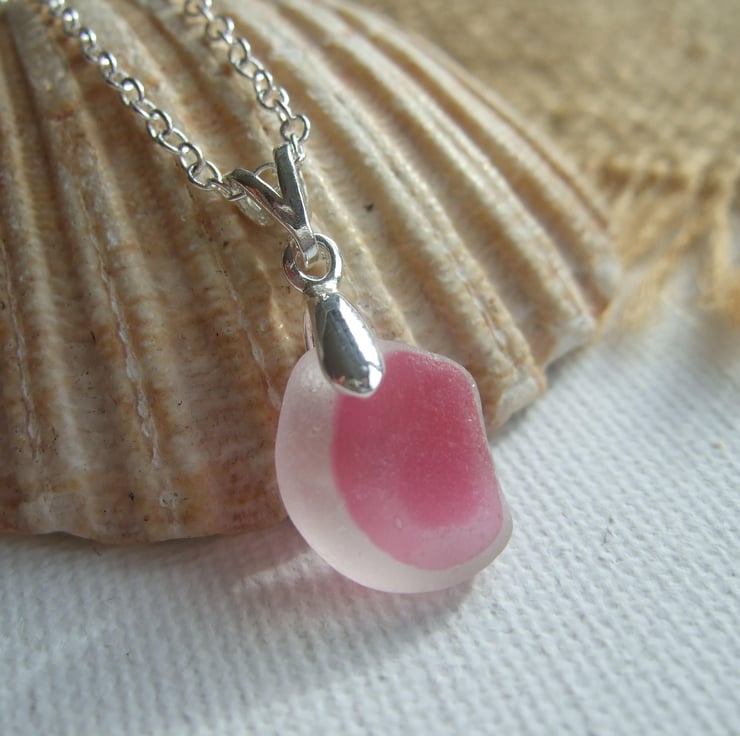Pink multi sea glass necklace, Seaham pink sterling silver bail, pink sea  glass