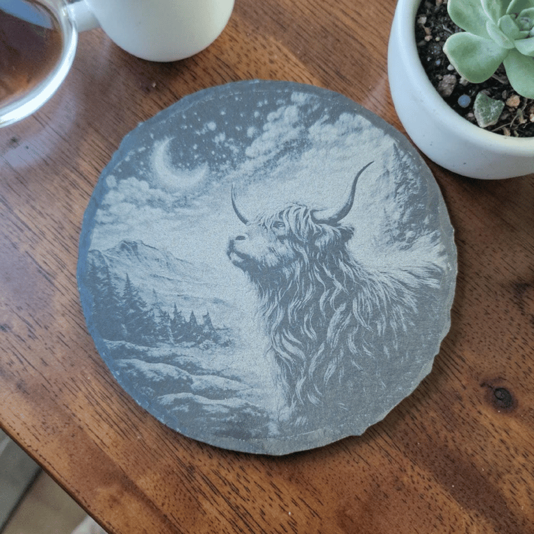 Highland Cow Moon Slate Coaster – Scottish Cow Under Moon – Rustic Nature Decor