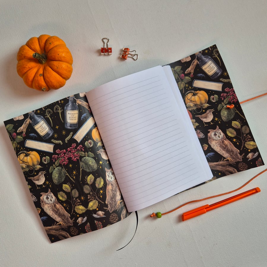 Halloween Journal, fantasy magic paper featuring Pumpkins, owls, potions, funghi