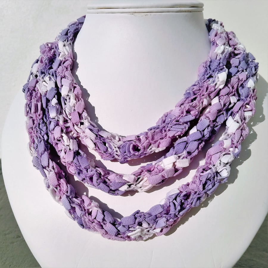 Hand Crochet Lilac Multi Strand Fabric Yarn Necklace Scarf