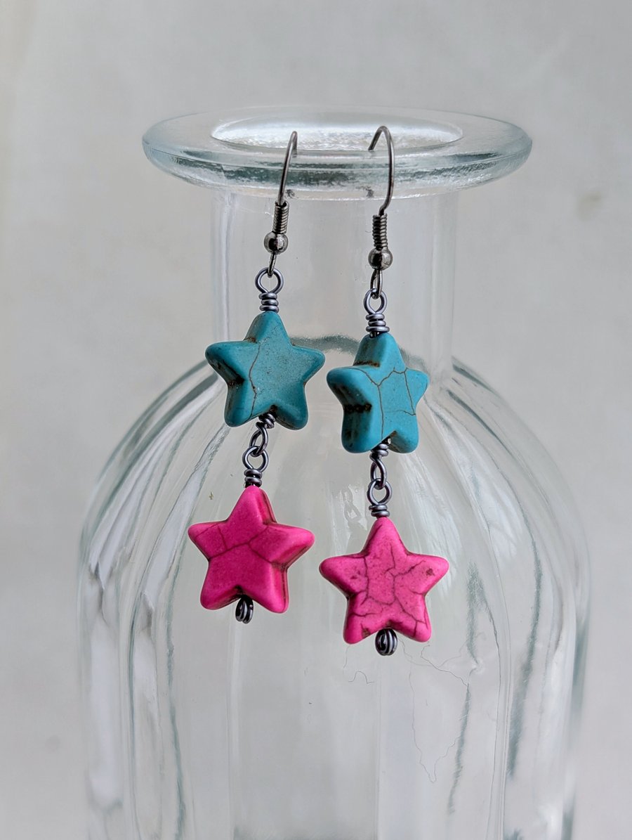Turquoise and hot pink howlite star earrings with gunmetal ear wires 