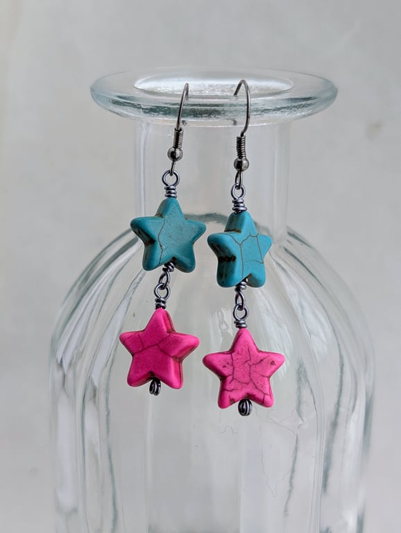 Turquoise and hot pink howlite star earrings with gunmetal ear wires 