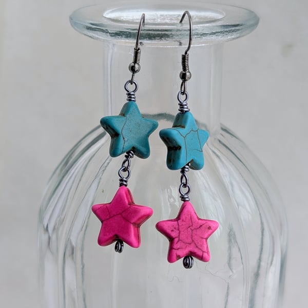 Turquoise and hot pink howlite star earrings with gunmetal ear wires 