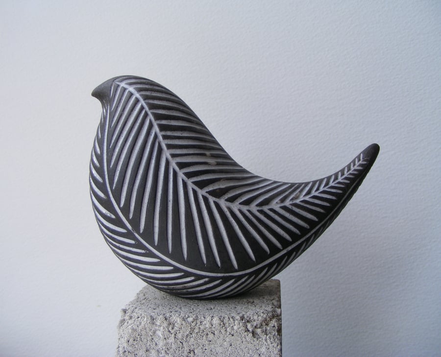 Carved raku fired bird (D) Black and White