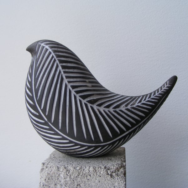 Carved raku fired bird (D) Black and White