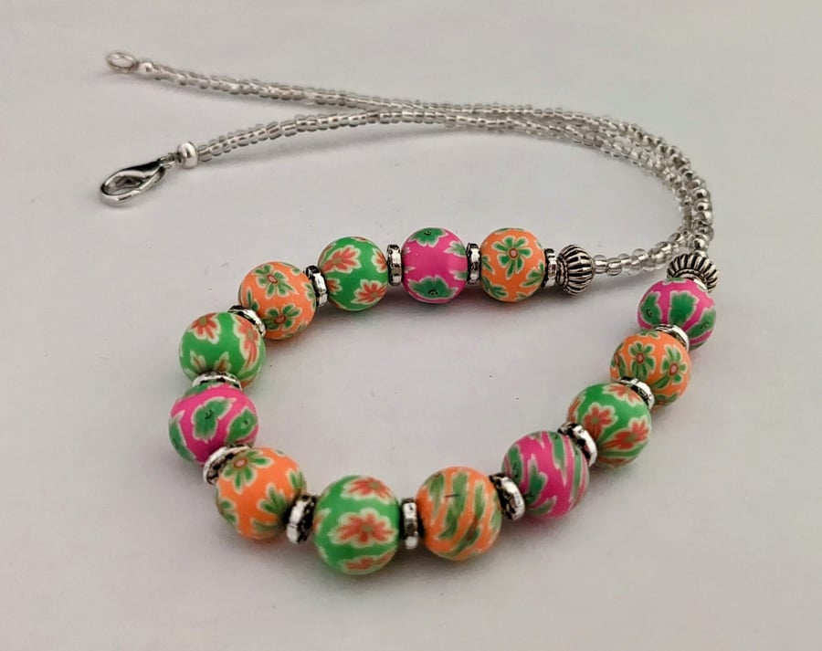 Pink, green and orange Fimo bead necklace - 1002713