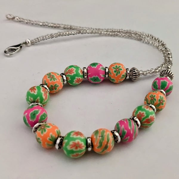 Pink, green and orange Fimo bead necklace - 1002713