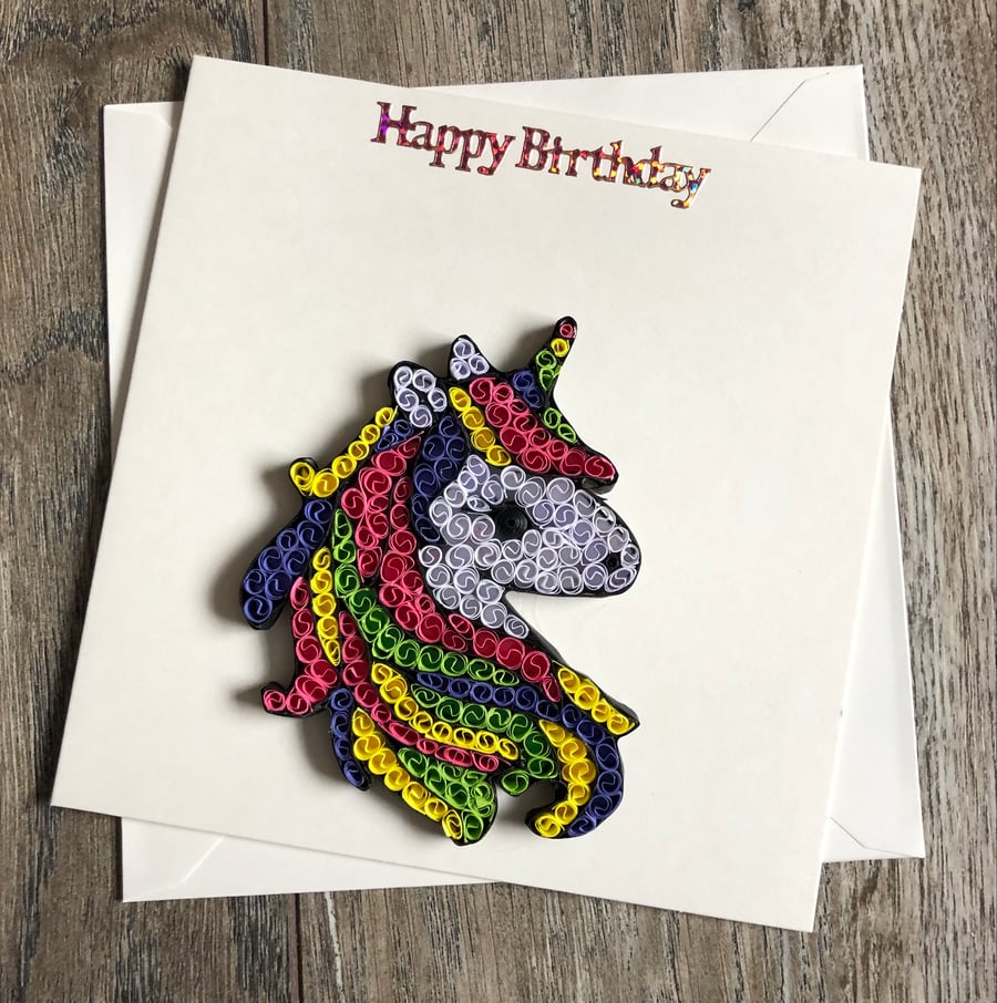 Handmade quilled unicorn happy birthday card - Folksy