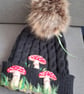 hat cabled wool faux fur pompom beanie black 