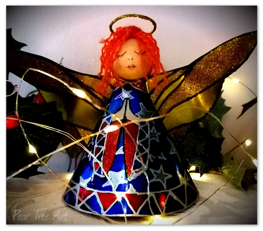 Large: Blue Coffee Tin Angel Christmas tree topper