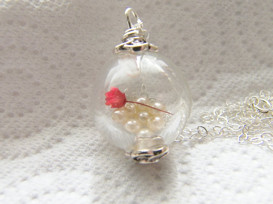 Valentines Red Rose Botanics Necklace Handblown Glass Globe Bridal Jewelry