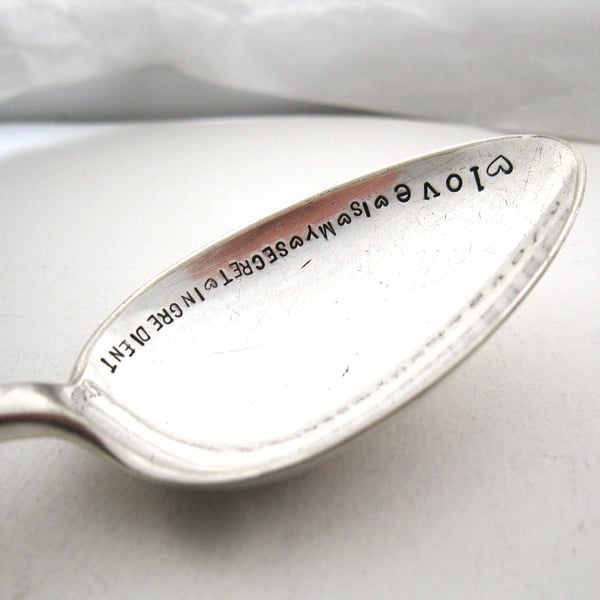 Handstamped Dessertspoon, Love Is My Secret Ingredient