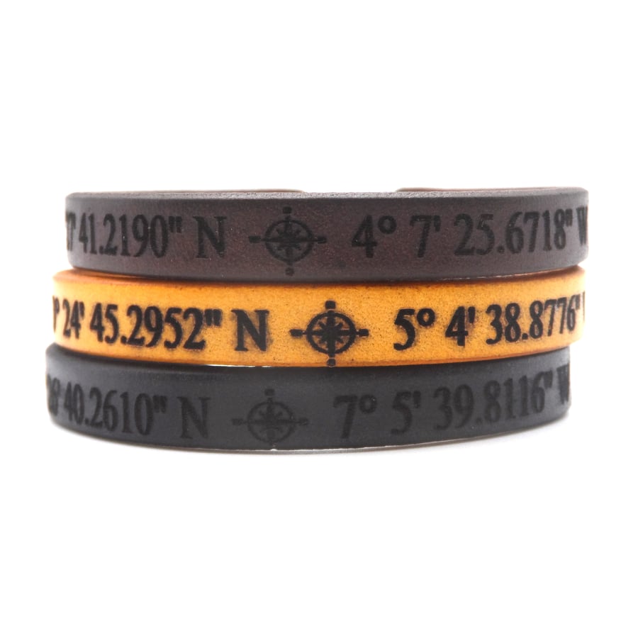 Personalised Leather Bracelet with Coordinates and Optional Secret Message 