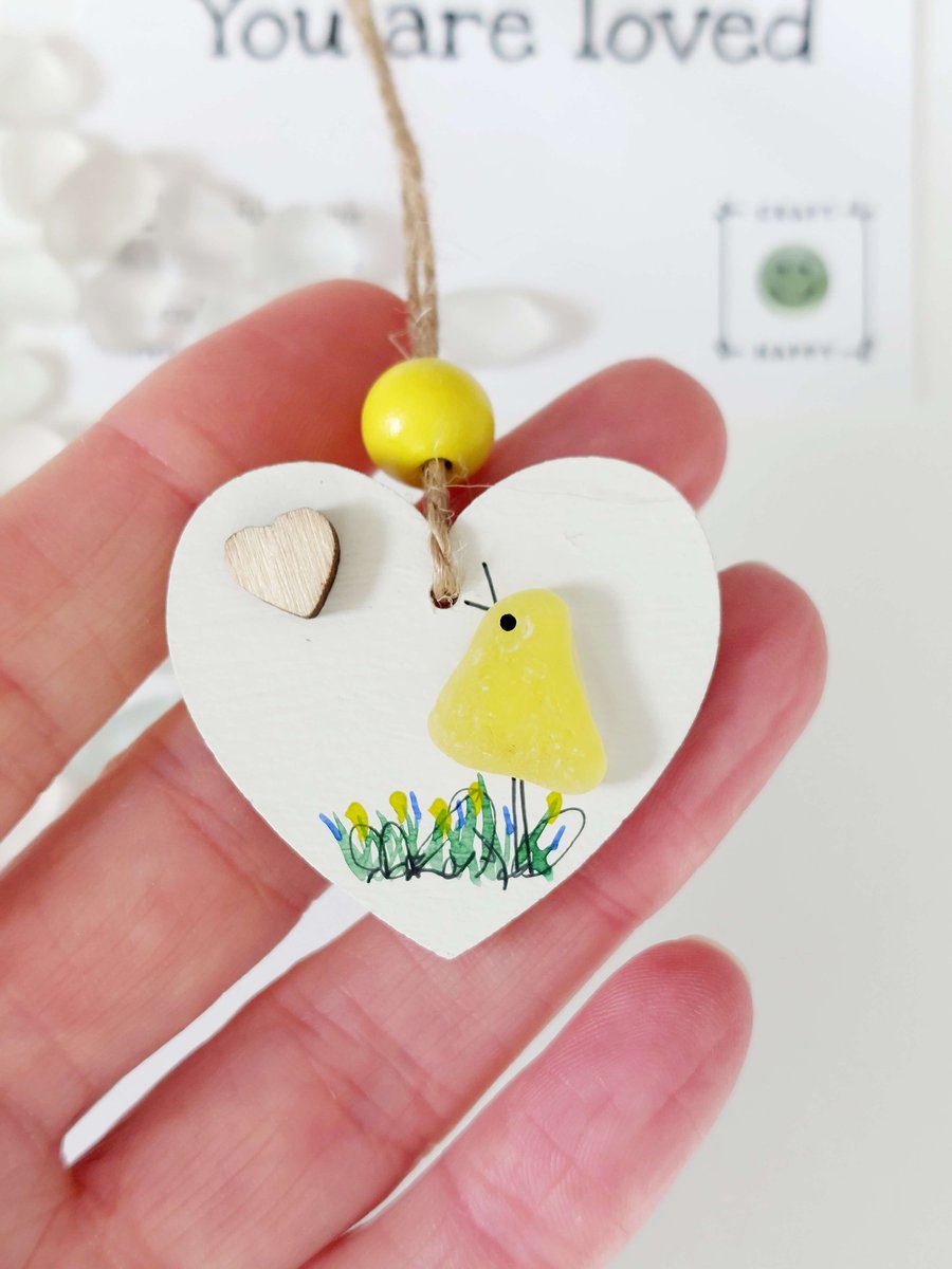 Yellow Sea Glass Bird Thank You Gift - Sea Glass Heart Chick Ornament