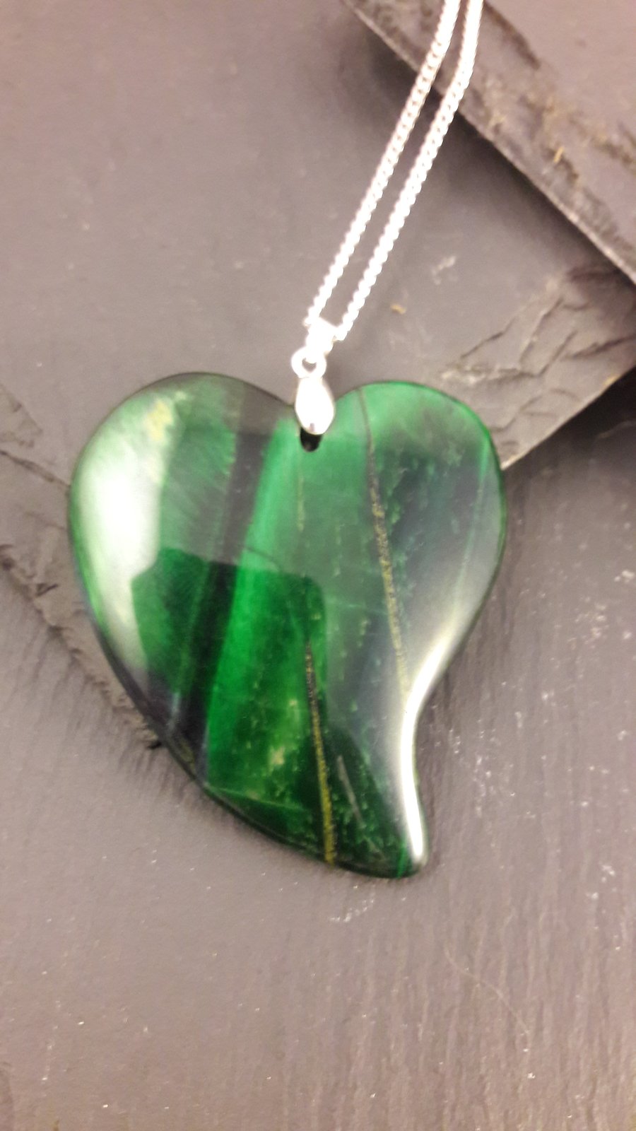 Green Tigers Eye Heart Pendant with Sterling Silver Chain