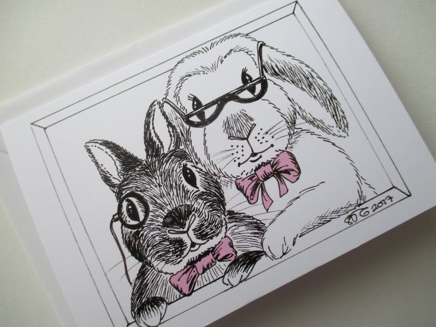 Bunny Rabbit Black & White Line Drawing Blank Greetings Card Illustration