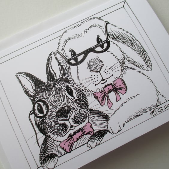 Bunny Rabbit Black & White Line Drawing Blank Greetings Card Illustration