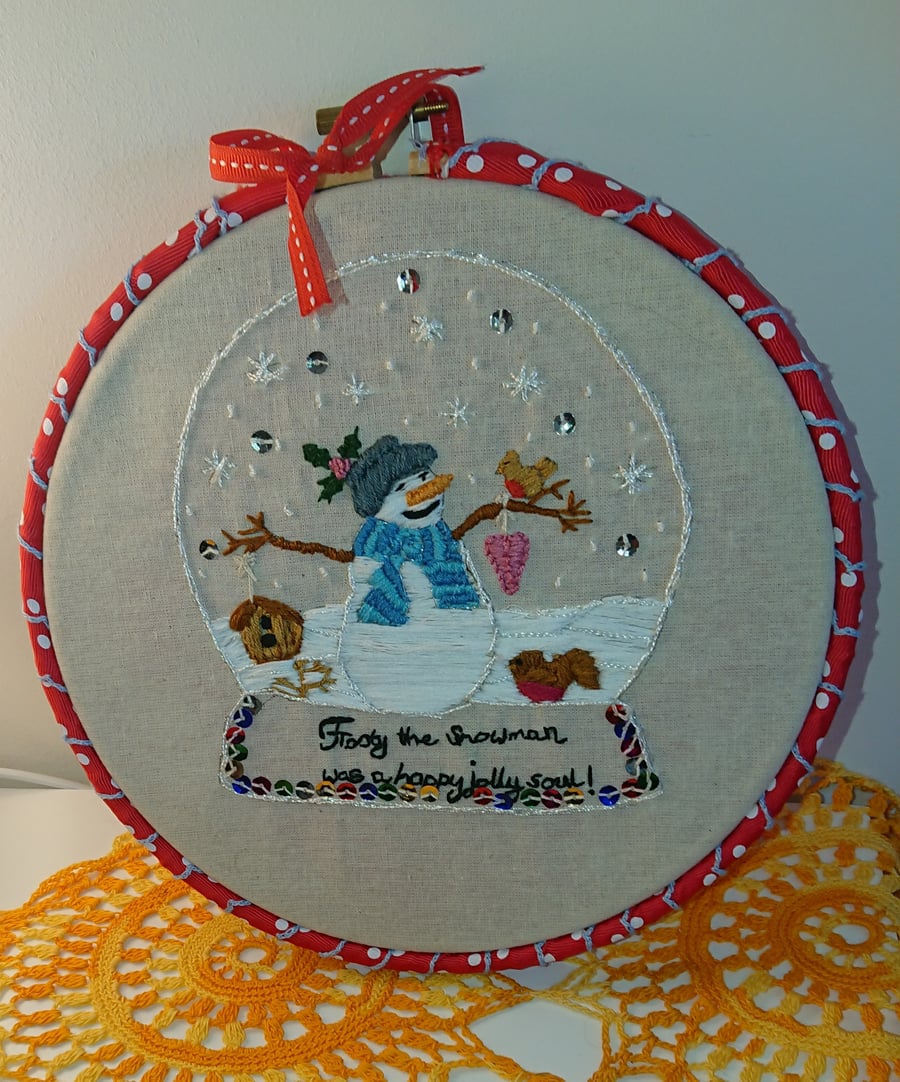Snowman Snowglobe embroidery hoop picture 