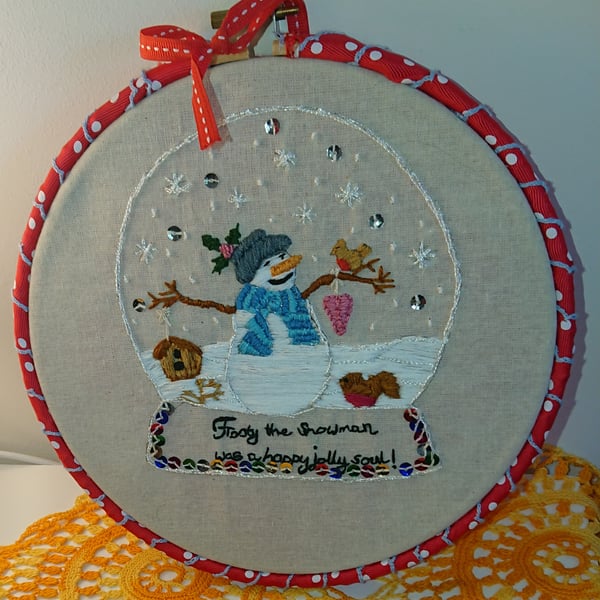 Snowman Snowglobe embroidery hoop picture 