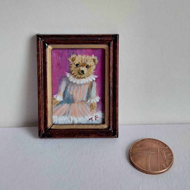 Pretty in Pink Teddy Bear Miniature Oil Painting 