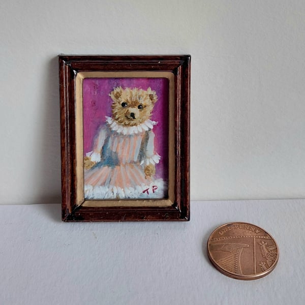 Pretty in Pink Teddy Bear Miniature Oil Painting 