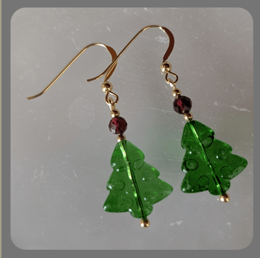 Glass Christmas Tree, Garnet and Vermeil Earrings