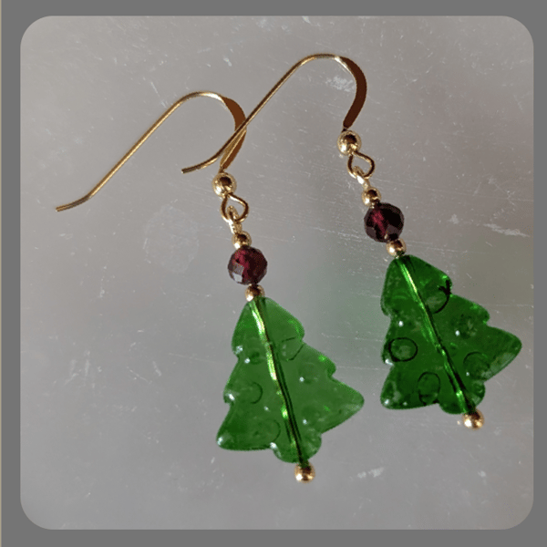 Glass Christmas Tree, Garnet and Vermeil Earrings