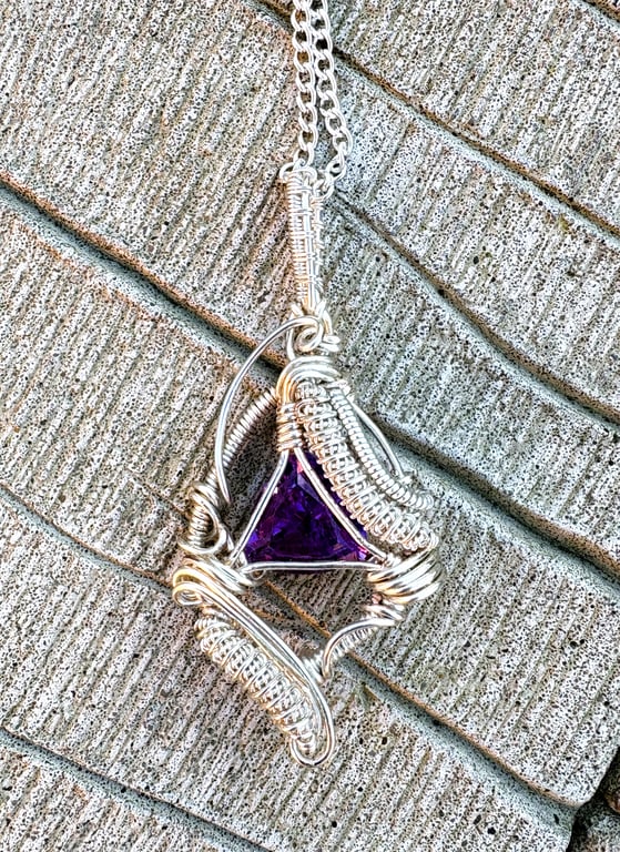 Silver wire wrapped Trilliant cut Amethyst gemstone pendant
