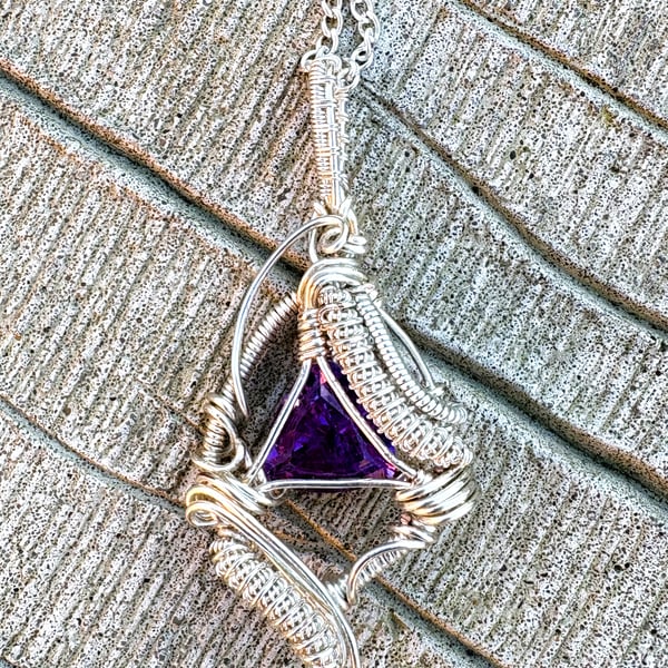 Silver wire wrapped Trilliant cut Amethyst gemstone pendant