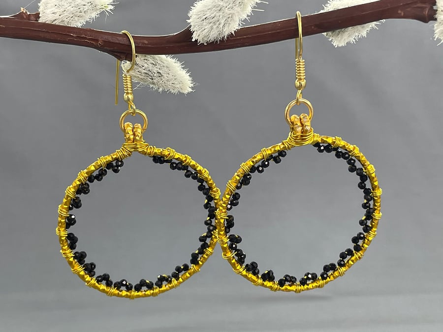 Black Spinel Gold Hoop Earrings, Sparkly Gold Hoops, August Birthday Gift