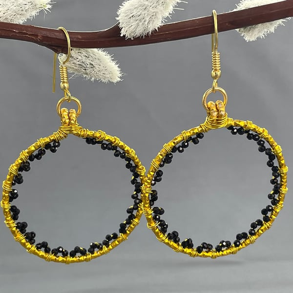 Black Spinel Gold Hoop Earrings, Sparkly Gold Hoops, August Birthday Gift