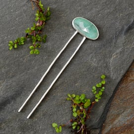 Natural Emerald Hair Pin in Solid Sterling Silver