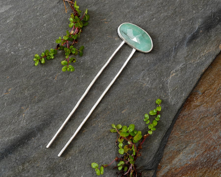 Natural Emerald Hair Pin in Solid Sterling Silver